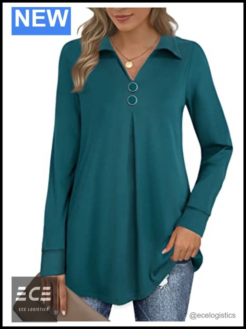 Womens Long Sleeve V Neck Tunic Blouse with Buttons Loose Fit Pullover Top